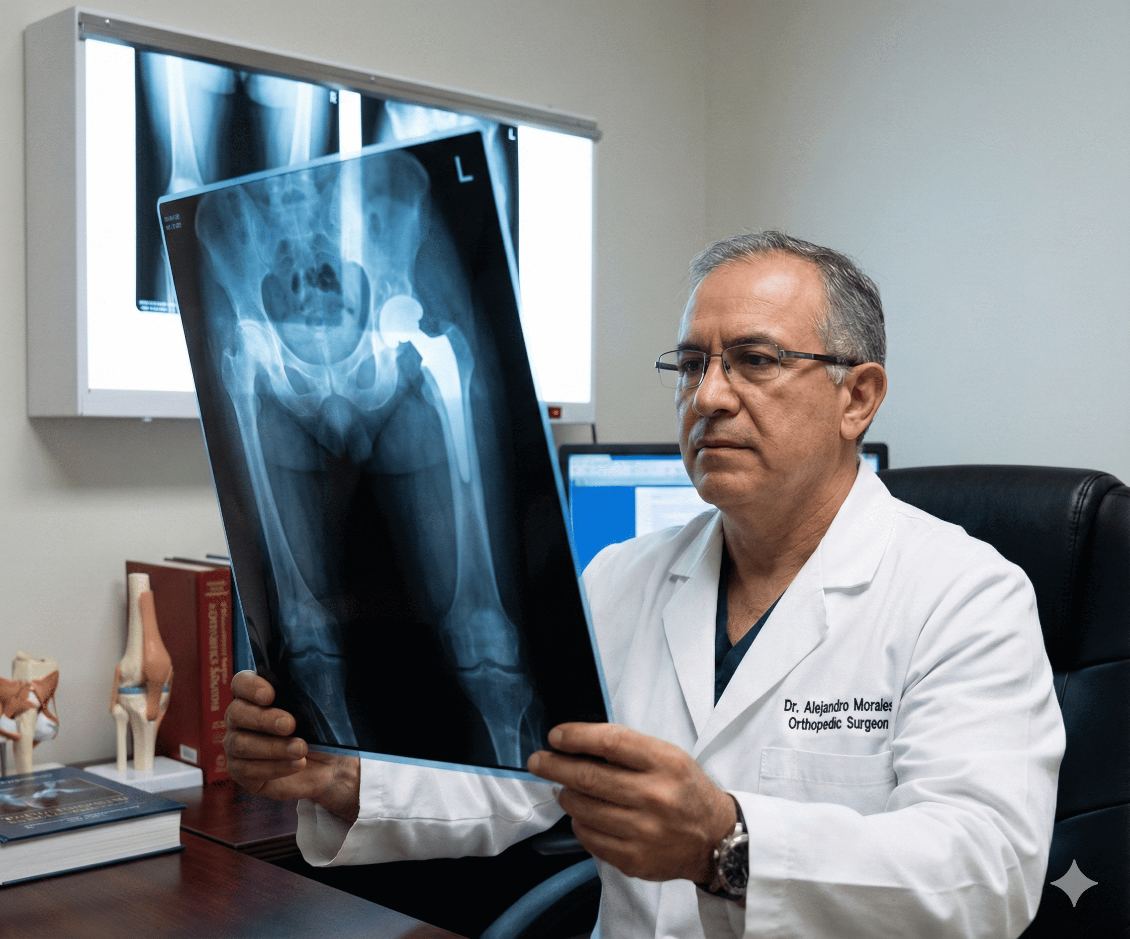 Doctor especialista analizando radiografía de cadera